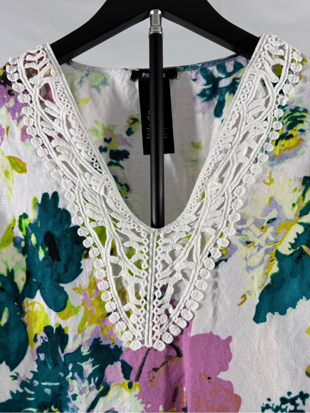 Premise Linen Blend Floral Crochet V Neck Tunic Top Medium White
